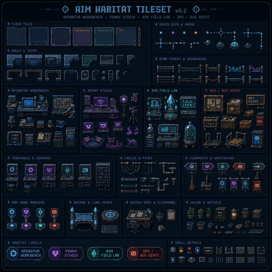 Pixel map of the Agent Terrarium society with connected local agent lanes